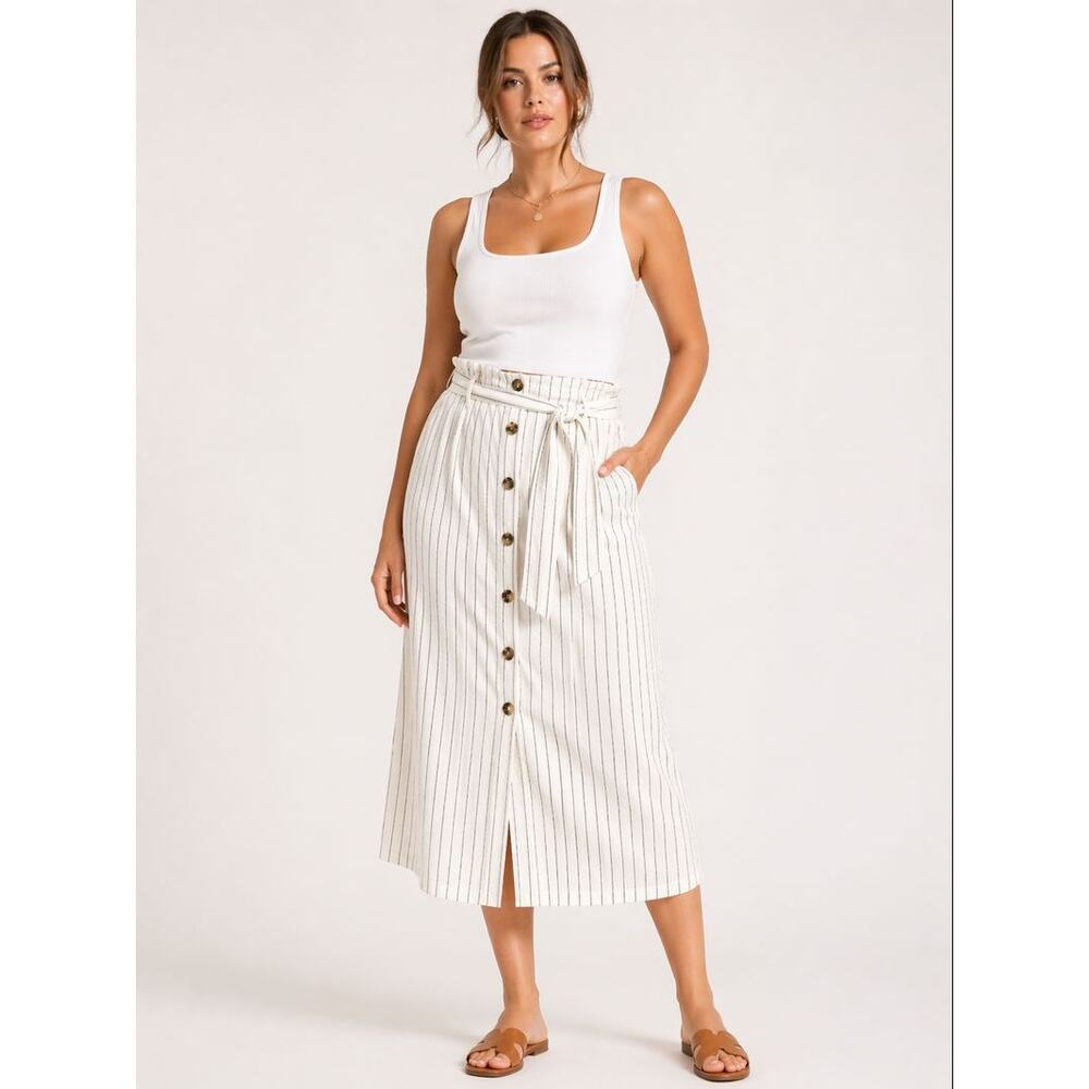 Forever 21 Plus 0x Linen Stripe Midi Skirt Tie Waist Button Front NWT - Picture 2 of 9
